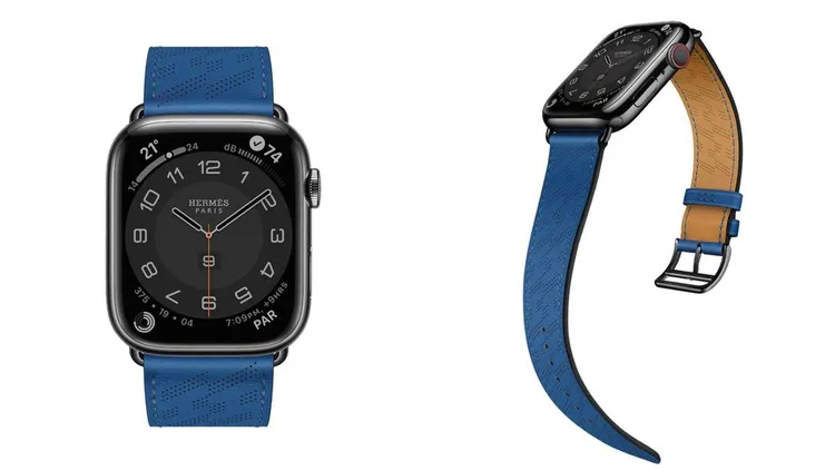 Apple Watch Hermès 8系列H Diagonal法國藍Swift小牛皮單圈錶帶 搭配45mm錶殼，4萬3900元。品牌提供