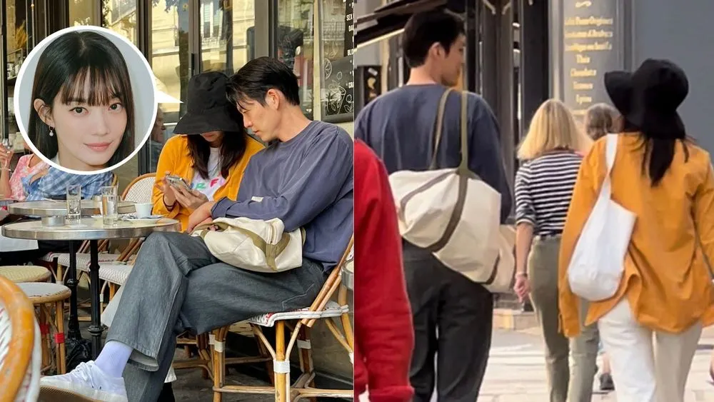 小倆口先在巴黎咖啡廳被拍到，金宇彬望著申敏兒的眼神愛意滿溢，交往7年感情依舊甜蜜。翻攝ixww_99微博