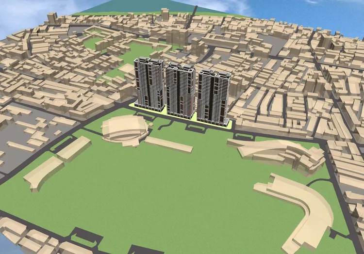 該案重建後，將成為新莊體育場地標大樓。市府提供，模擬圖