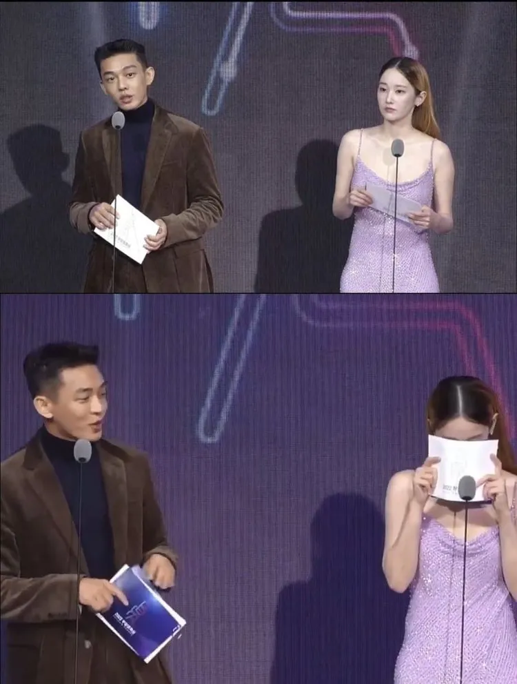 劉亞仁頒獎時突然脫稿演出，全場目光都放在全鐘瑞身上，讓她尷尬到拿腳本紙卡遮臉。翻攝NOW.