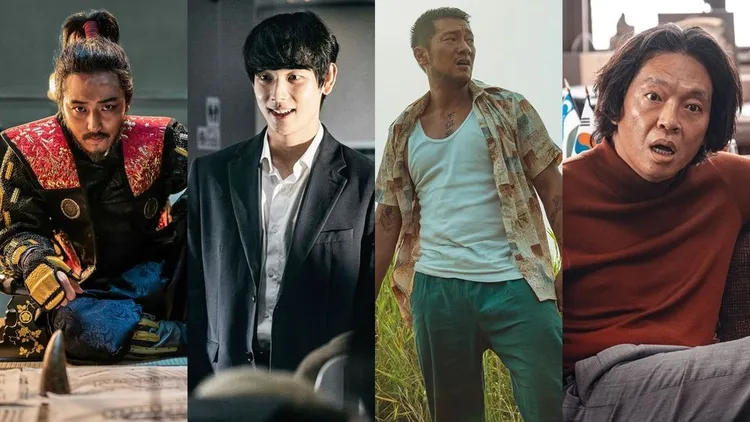 最佳男配角是反派的天下，包括《韓山島海戰》卞約漢（左起）、《緊急迫降》任時完、《犯罪都市2》孫錫求及朴智煥獲提名。車庫娛樂提供
