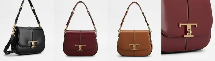 TOD’S 黑色、紅色、駝色T Timeless馬鞍包，NT88,700，馬鞍包上設有特製的T字金屬旋轉金屬釦