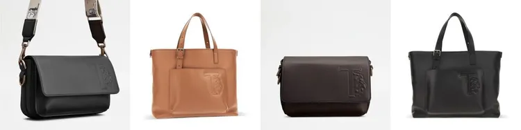 TOD’S黑色肩背包，NT62,100、T Lion淺棕色牛皮托特包，NT59,300、棕色肩背包，NT62,100、黑色牛皮托特包，NT59,300