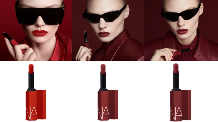 NARS特霧絲柔持色唇膏（左起）#131熾熱豔紅、#150叛逆莓紅、#151夜幕嫣紅，各1100元。品牌提供