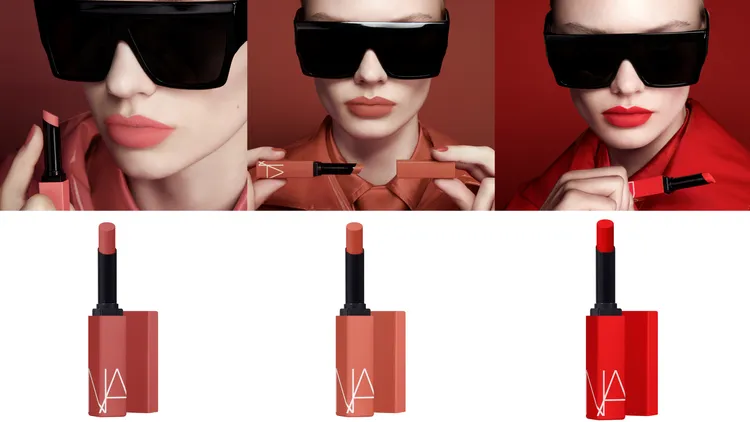 NARS特霧絲柔持色唇膏（左起）#111誘人玫粉、#121蜜桃裸橘、#130烈焰橘紅，各1100元。品牌提供