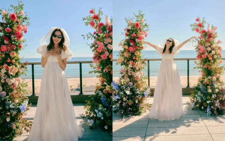 孔孝真戴著墨鏡的白紗全身照，修長美腿若隱若現。。翻攝孔孝真IG