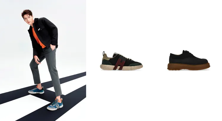 龔俊穿出3R系列的率性氣息，百搭CP值爆表。HOGAN 3R莫蘭迪紅環保系列休閒鞋NT18000、HOGAN Untraditional黑色環保系列休閒鞋 NT19300