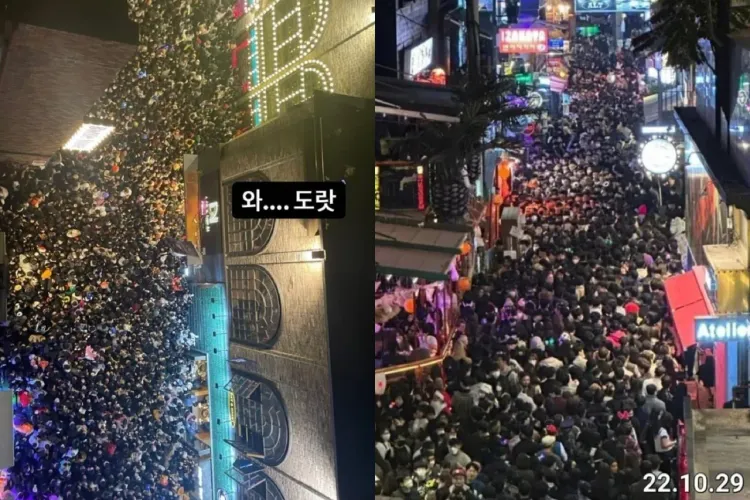 宋讚養曝光梨泰院活動意外發生前，現場人潮擠爆畫面。右翻攝自宋讚養臉書、左為網路翻攝照