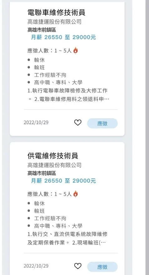 高捷現今開出的職缺,起薪幾乎都在2萬多元。翻攝1111人力銀行網站