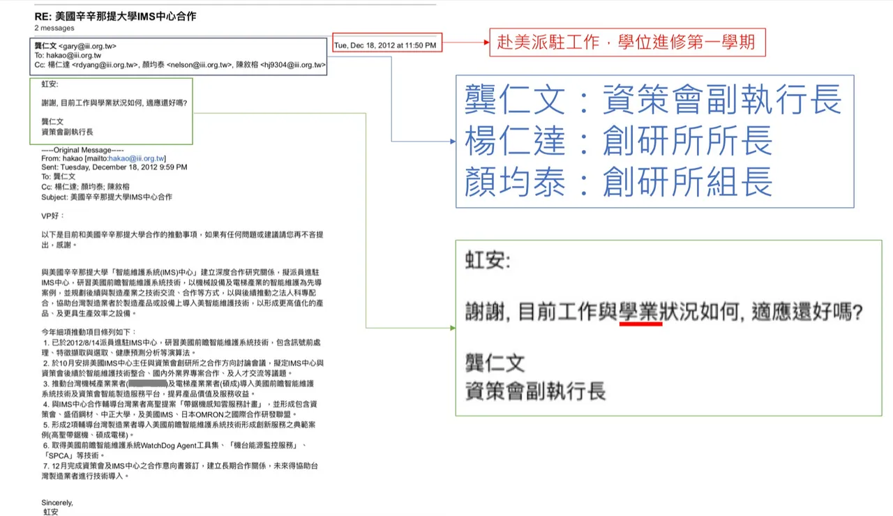 2012年资策会时任副执行长龚仁文电子邮件询问高虹安工作、学业状况如何。高虹安办公室提供