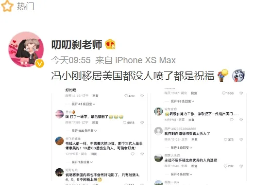 網民指出，很多人都不罵馮小剛移民美國了，反而都是祝福。翻攝自微博