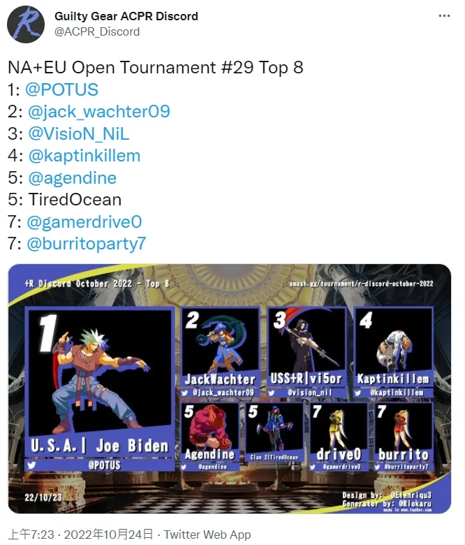 賽事主辦單位還會使用美國總統拜登的官方推特帳號@POTUS，來代指這名玩家。翻攝推特@ACPR_Discord
