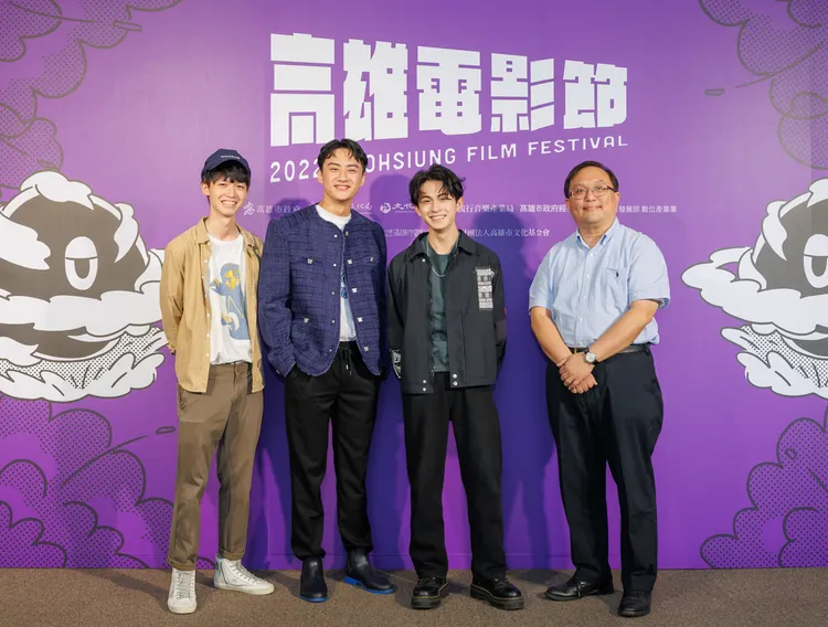 《龍魂》導演丁冠濠（左）、演員吳翰林、林暉閔，製作人唐在揚都來到高雄電影節。高雄電影節提供