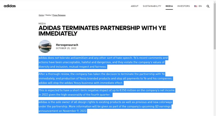 adidas發出的聲明措辭嚴厲，也預期終止與肯伊威斯特合作會帶來近80億元台幣的損失衝擊。翻攝adidas官網