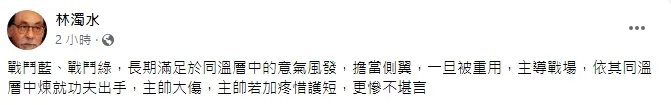 林濁水提醒，不管藍綠都不應該讓側翼擔當大任，否則可能會出事。引自林濁水臉書