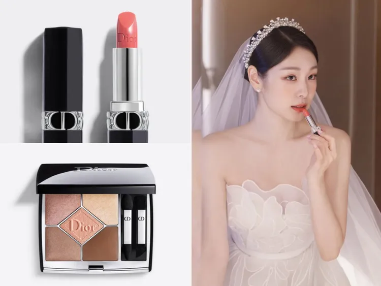 金妍兒的幸福新娘妝被DIOR包了，經典五色眼影2600元、藍星唇膏1450元。左側圖翻攝品牌官網、右圖翻攝yunakim IG