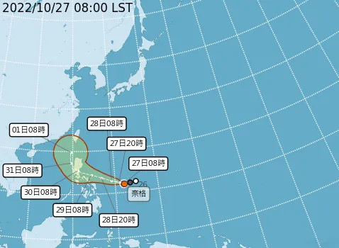 熱帶性低氣壓TD27今早增強為颱風奈格。氣象局提供