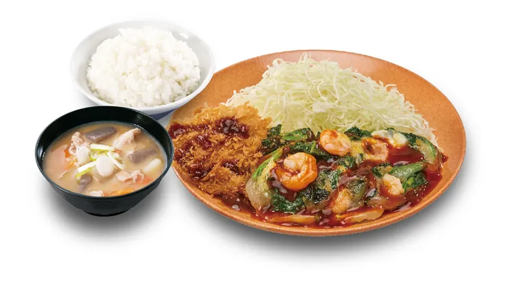 腰內豬排蝦仁煎雙拼定食，269元。業者提供