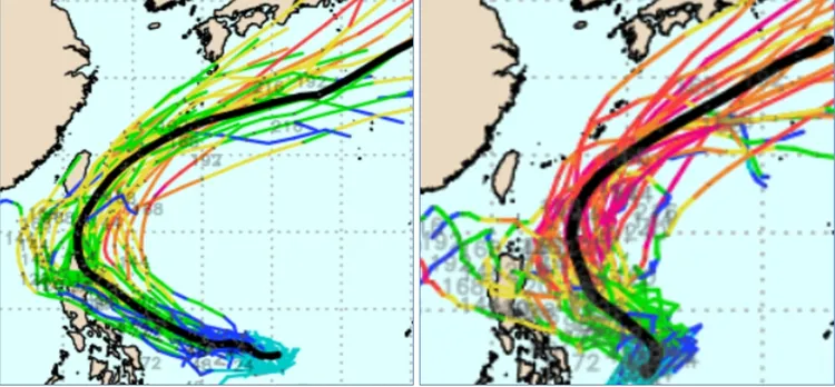 25日20時歐洲(ECMWF左圖)、美國(GEFS右圖)系集模式顯示，模擬路徑大多在台灣東側海面大迴轉。歐洲模式較美國模式靠近台灣。翻攝「三立準氣象·老大洩天機」