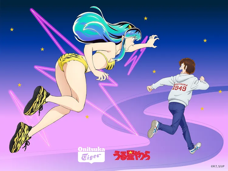 《福星小子》中拉姆（左）追逐諸星當的經典畫面，2人分別穿上鬼塚虎Delecity聯名鞋與Mexico 66鞋款。品牌提供