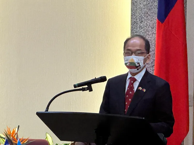 游錫堃表示，面對威權霸凌，台灣不會置身事外。潘袁詩羽攝