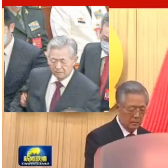 有人說影片剪輯過，胡錦濤當天被架走後沒再出現。翻攝推特