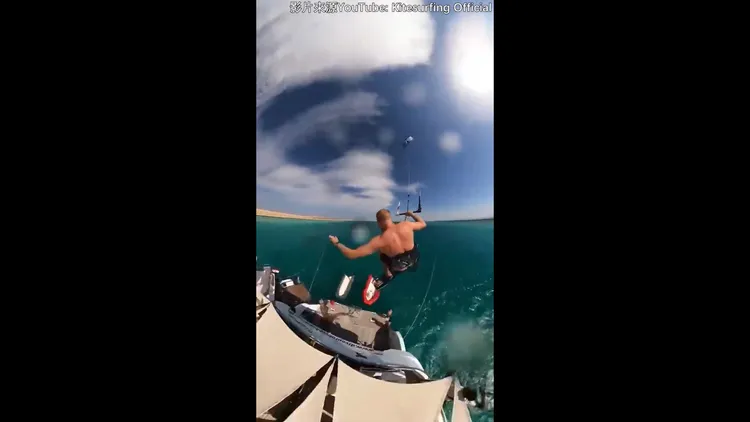 男子一個動作竟然飛過一艘船。