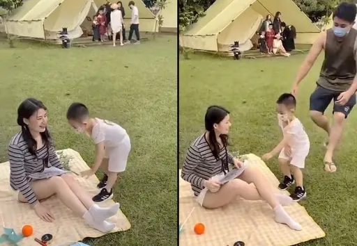 露營雙馬尾正妹美腿太誘人！男童反覆狂奔伸鹹豬手　爸爸追來又氣又羨慕