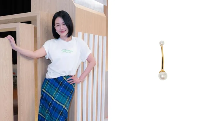 小S（左，翻攝stylingbyscarlettyeh IG）在節目中選戴的耳夾及頸鍊，即引入Akoya珍珠堆疊出不對稱的節奏感；Seesaw不對稱單邊珍珠耳夾（右，翻攝ARTISMI官網），6000元。