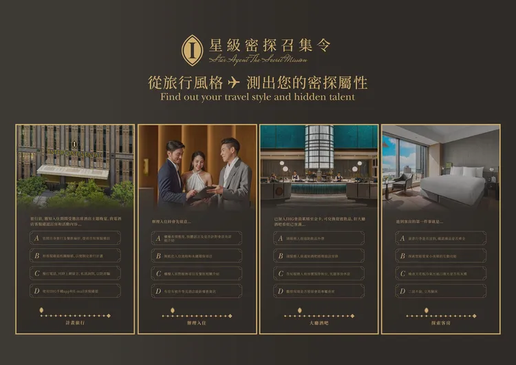 《星級密探召集令》活動還搭配趣味線上測驗，以完整旅宿體驗設計置入問題，邀請候選人測出自己的密探屬性。業者提供