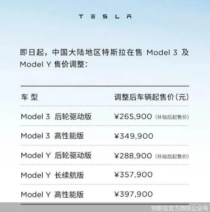 此次降價後各車型價目表。翻攝特斯拉官方微信公眾號