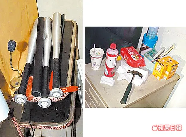 警方在現場找到狠債主犯案的球棒（左圖）及鐵鎚（下圖）。翻攝畫面