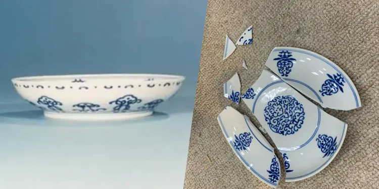嬌黃綠彩雙龍小碗破損後，隔一個月，故宮人員摔破乾隆 青花花卉盤（圖）。故宮提供