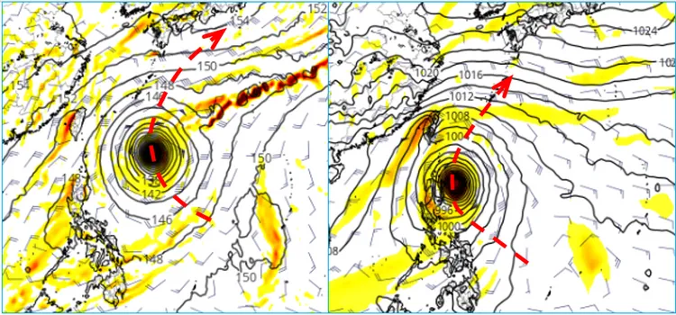 歐、美模式模擬30日20時天氣圖顯示，菲律賓東方海面有熱帶擾動，發展成颱的機率高。美國模式(GFS)模擬在比較遠的位置北轉(左圖)，歐洲模式(ECMWF)模擬則在呂宋島附近北轉(右圖)。