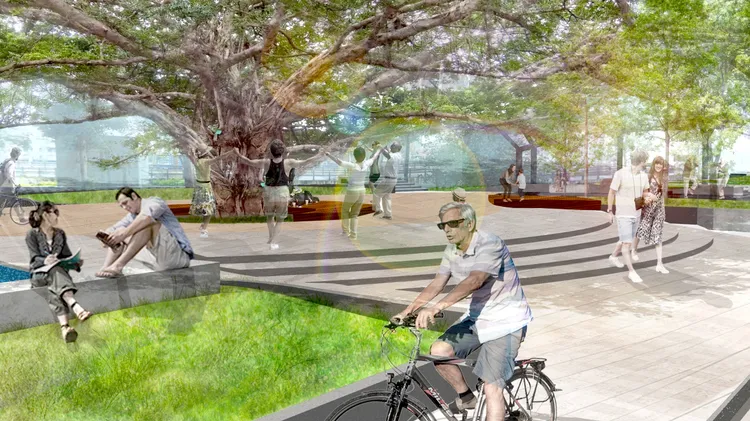 客雅溪水岸水環境改善整體計畫，圖為西雅公園榕樹廣場模擬圖。市府提供