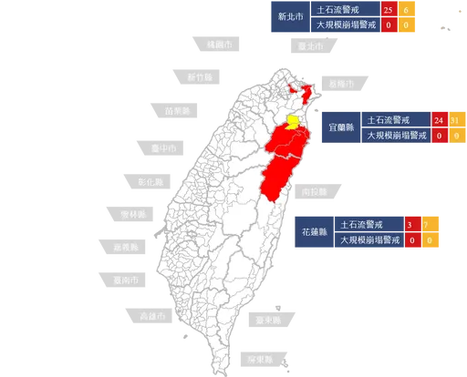 雨神出沒!土石流警戒持續擴大 3縣市紅色52條、黃色44條
