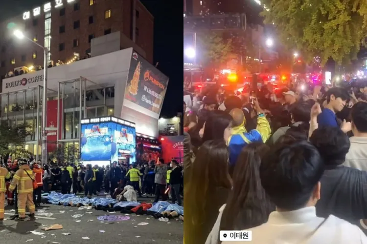 還有一段網友分享的影片，一大群年輕人無視現場發生重大事故，照樣狂歡跳舞。左為翻攝網路、右為翻攝김죠스的推特