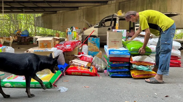 蘇男整理各方捐贈來的飼料物資。魏嘉良攝