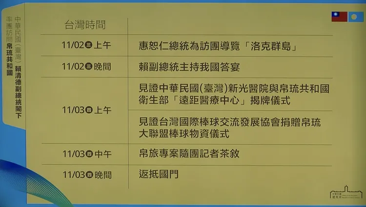 副總統賴清德11月1日至3日出訪帛琉，第二天聚焦在「帛琉海洋觀光魅力」。總統府提供