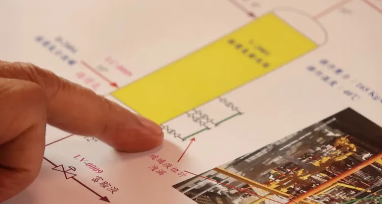 中油退休主管手指玻璃液位計的圖示，向《壹蘋》說明2013年7月30日硫化氫中毒事件。侯昌騰攝