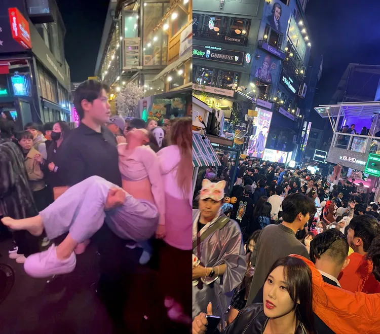 梨泰院踩踏事故發生前人潮擁擠（右圖），慘劇後，有民眾焦急將傷者送醫。路透社