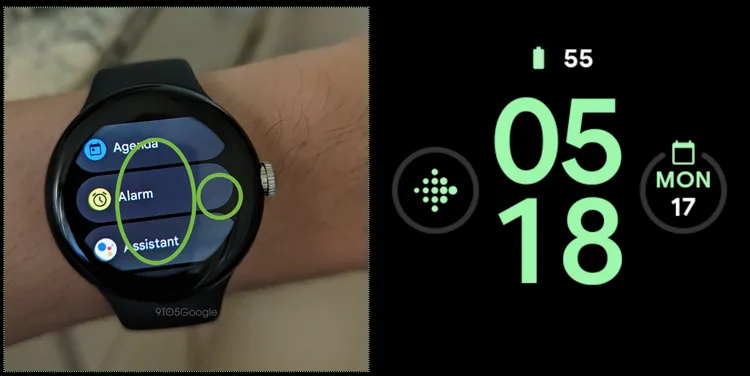 畫面中可以看到右邊為開啟隨時顯示的錶面，當切換到左邊的App列表時，就出現圖像殘留狀況。取自9to5google