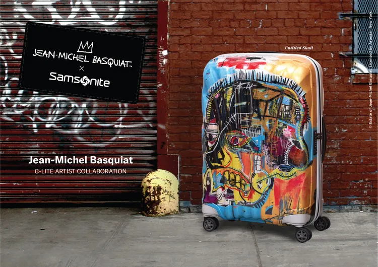 以Basquiat著名畫作Untitled Skull呈現的Samsonite C-Lite x Jean-Michel Basquiat行李箱，20吋款2萬3800元；25吋款2萬5800元。品牌提供