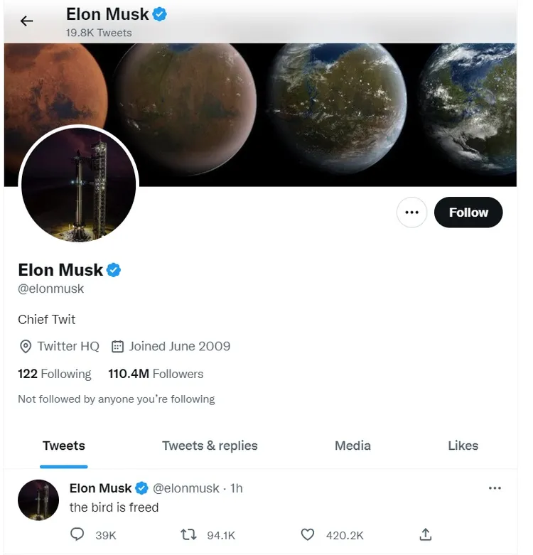 馬斯克最新推文是「鳥兒自由了」（the bird is freed）。翻攝推特@elonmusk