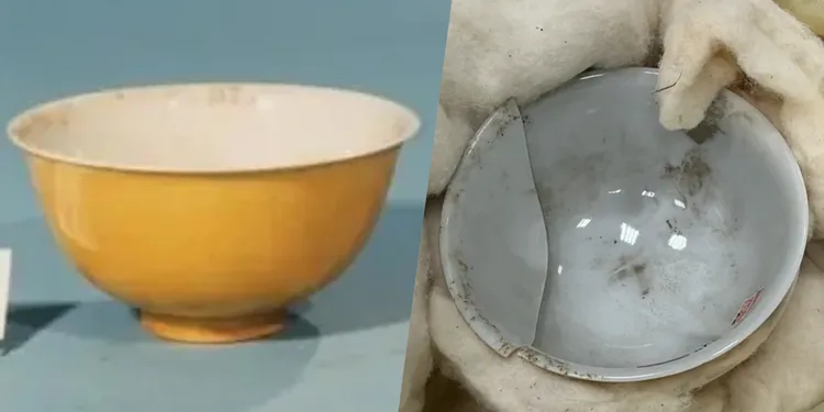 故宮於2022年4月7日進行例行文物整理，發現編號故瓷07167的「康熙款暗龍白裏小黃瓷碗」碎成兩片。故宮提供