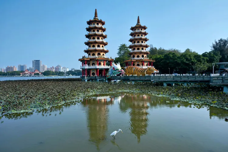 蓮池潭龍虎塔倒影和疏枝後的蓮花相映美景。觀光局提供