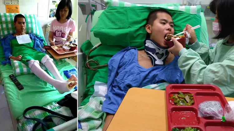 秦良丰連吃飯時間，都利用時間復健。秦爸爸提供