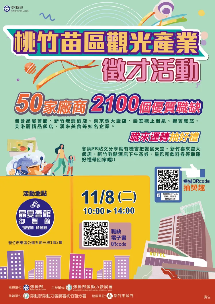 . 桃竹苗區觀光產業徵才活動明日在新竹市晶宴會館（公道五路三段1號2樓）登場。市府提供