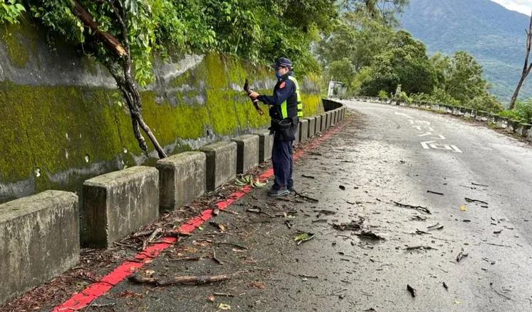 鹿野分駐所警員徒手清除路面斷裂殘枝，維持道路暢通。關山分局提供
