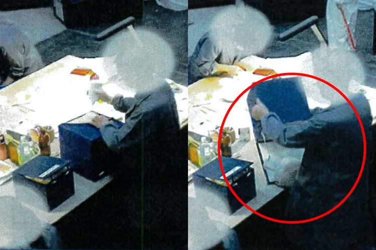 監視器拍下工作人員開箱錯誤，直接將青花花卉盤摔破造成破損。故宮提供